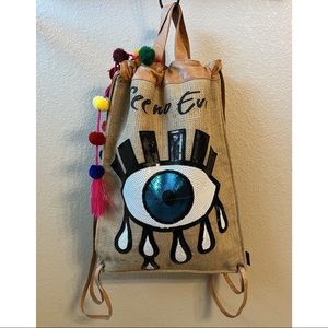 Burlap, Sequin & Leather Beach Backpack - See No Evil